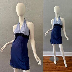 Vintage 90s Silk Blue VOOM Halter Lace Y2K Mini Dress S/M